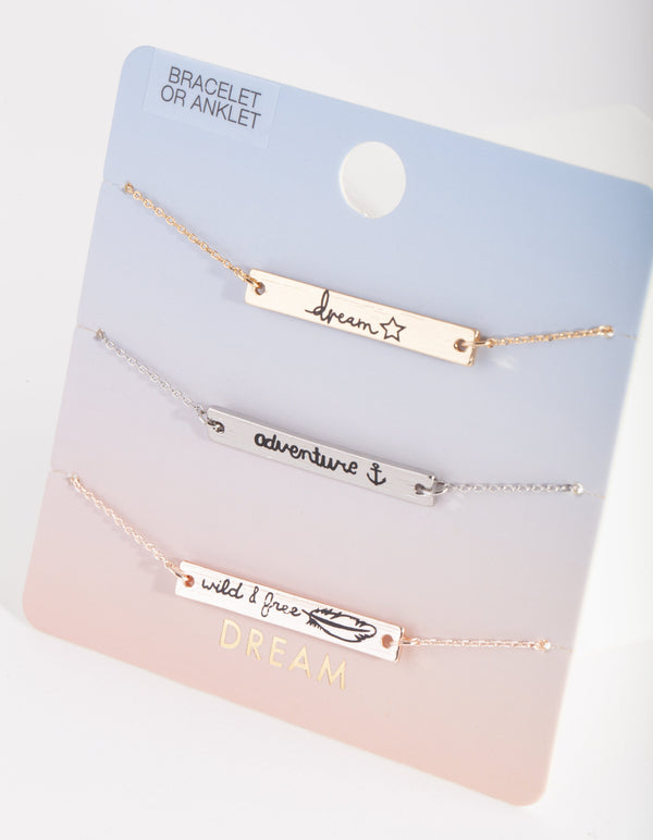 Mixed Metal Affirmation Bracelet Anklet 3 Pack