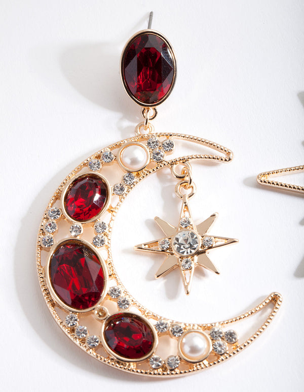 Red Star and Moon Drop Earrings