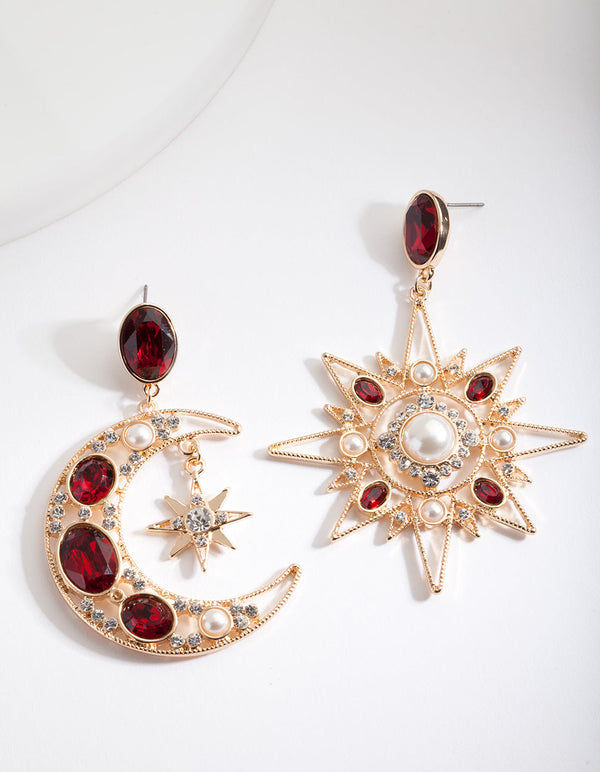 Red Star and Moon Drop Earrings