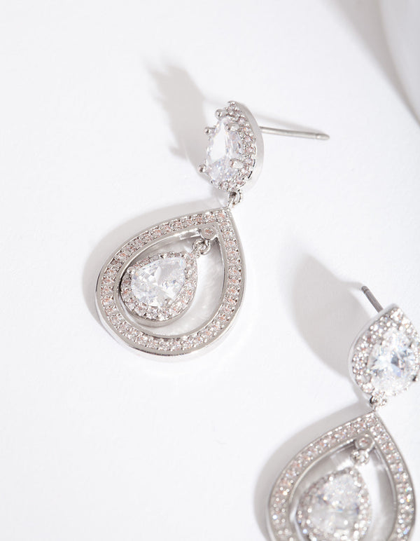 Rhodium Diamond Simulant Double Pear Drop Earrings