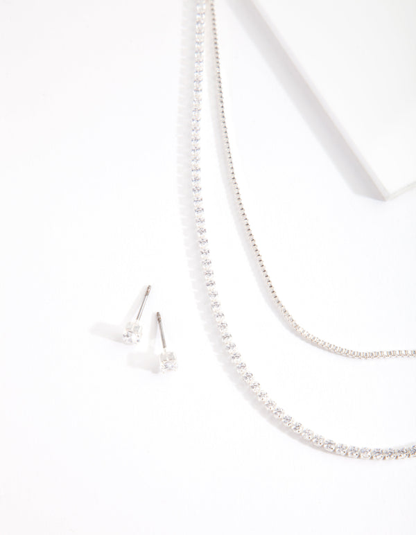 Cubic Zirconia Multi-Layered Necklace and Earrings Set