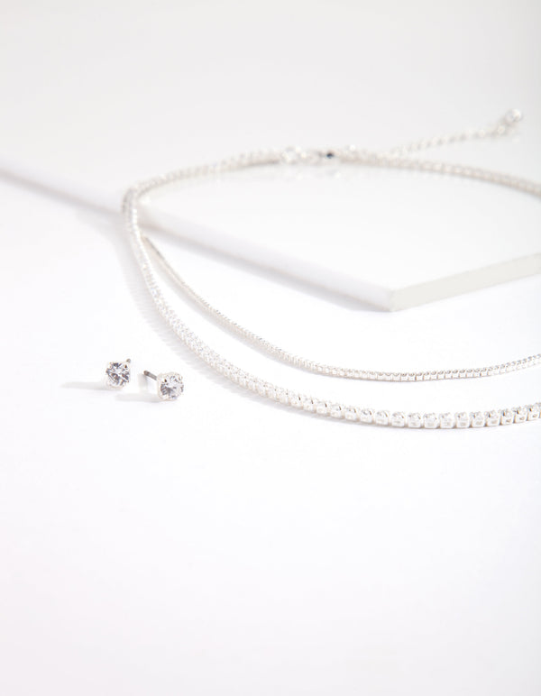 Cubic Zirconia Multi-Layered Necklace and Earrings Set