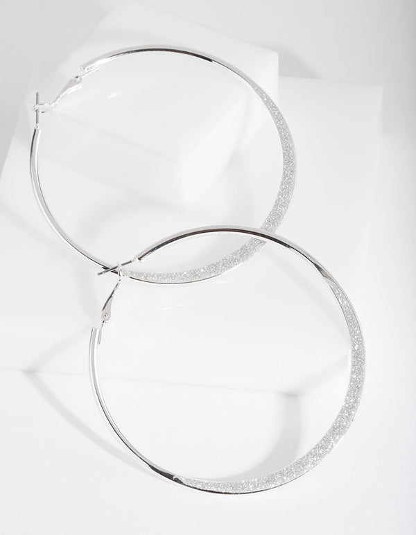 Large Silver Glitter Edge Hoop Earrings