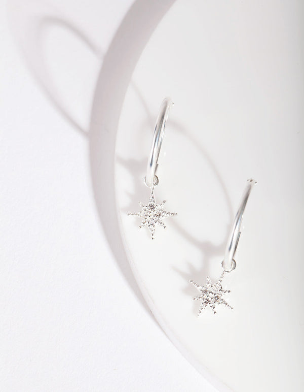 Sterling Silver Diamante Star Charm Hoop Earrings