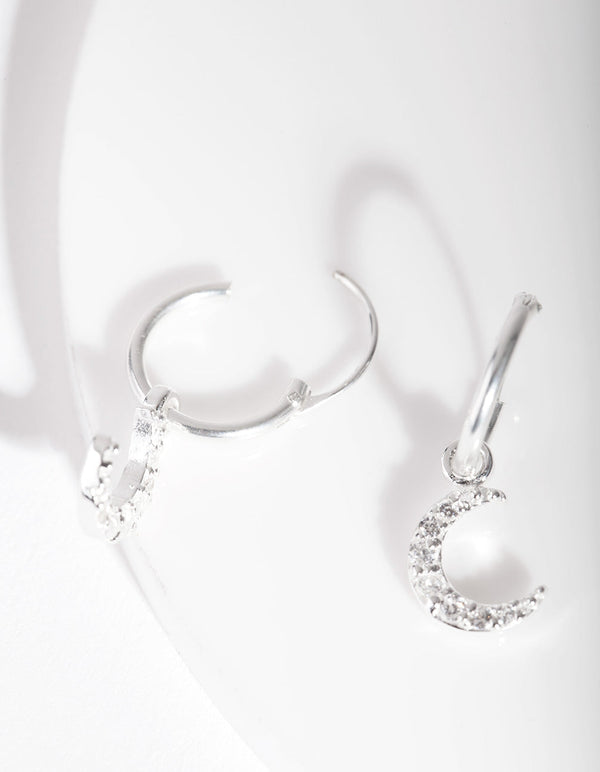 Sterling Silver Diamante Moon Charm Hoop Earrings