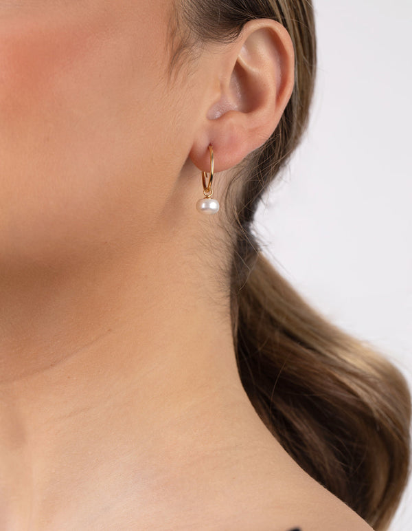Gold Plated Sterling Silver Pearl Dangle Hoop Earring