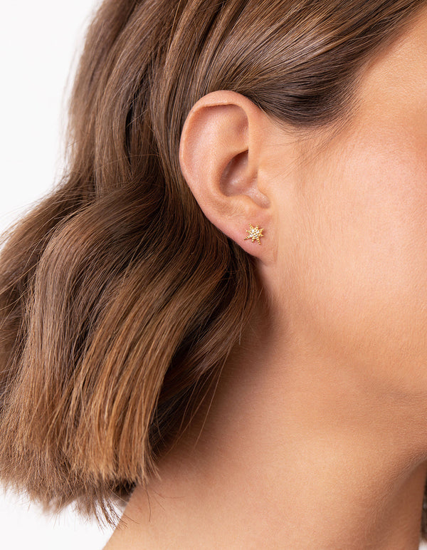 Gold Plated Sterling Silver Diamante Starburst Stud Earrings