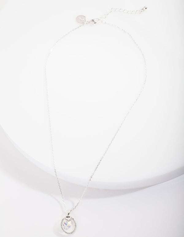 Silver Diamond Simulant Circular Stone Pendant Necklace