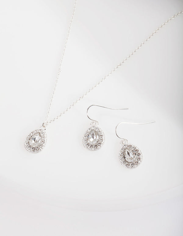 Diamond Simulant Teardrop Earrings and Necklace Set