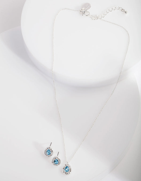 Blue Diamond Simulant Teardrop Earrings and Necklace Set