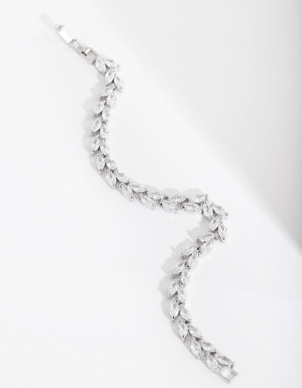Rhodium Diamond Simulant Petal Row Bracelet