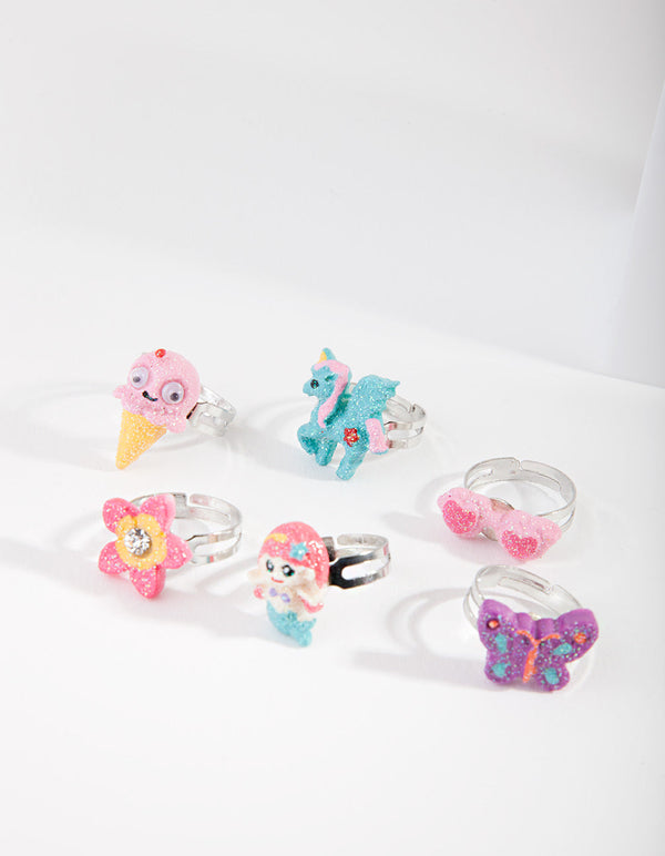 Kids Silver Mermaid and Unicorn Ring 6 Pack