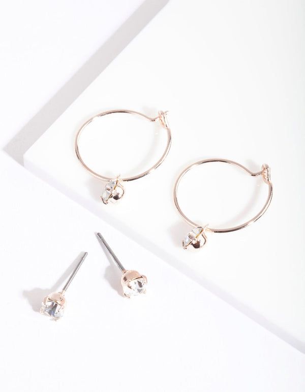Rose Gold Diamante Hoop Earrings Set