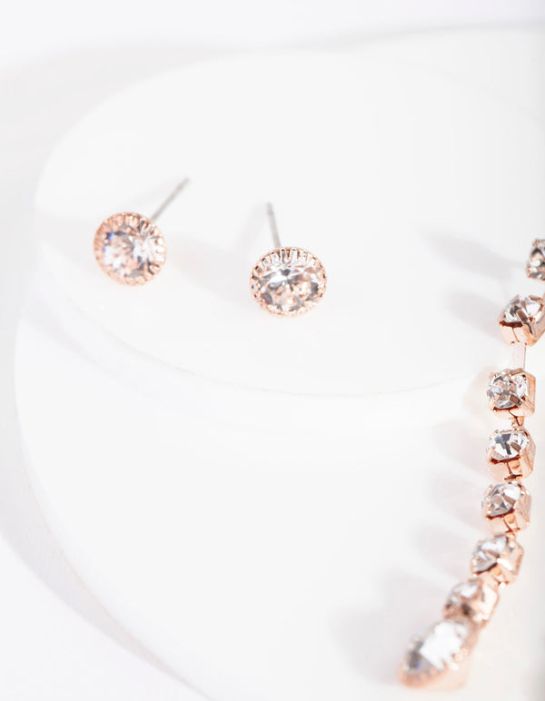Rose Gold Diamante Cupchain Drop Earrings Set