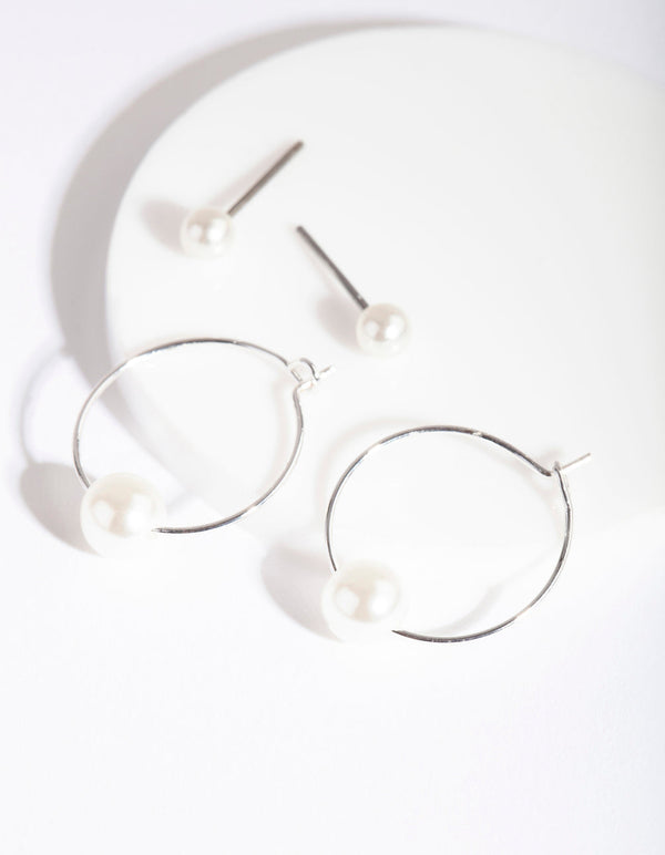 Silver Pearl Earrings Set
