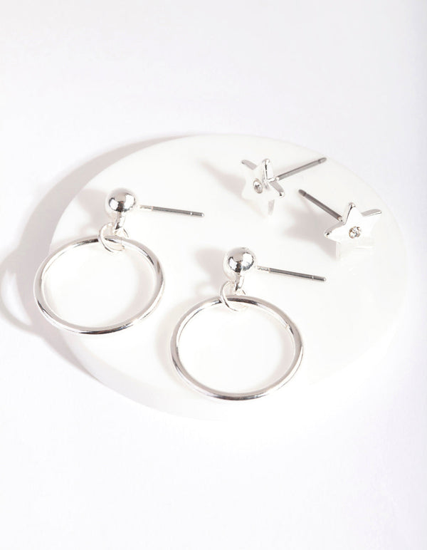 Silver Star Hoop Drop Earrings Set