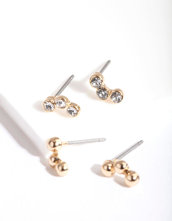 Gold Tri Ball Diamante Earring 2 Pack
