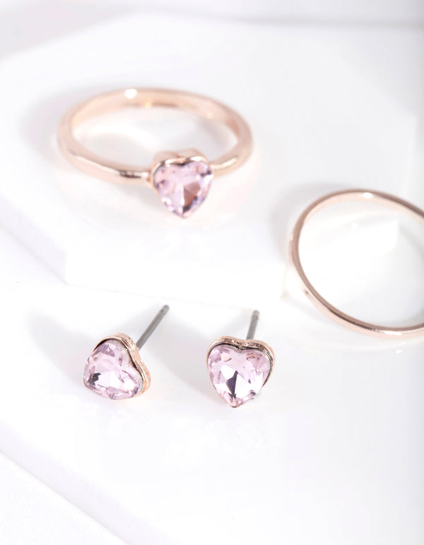 Kids Rose Gold Diamante Heart Earrings Ring Set