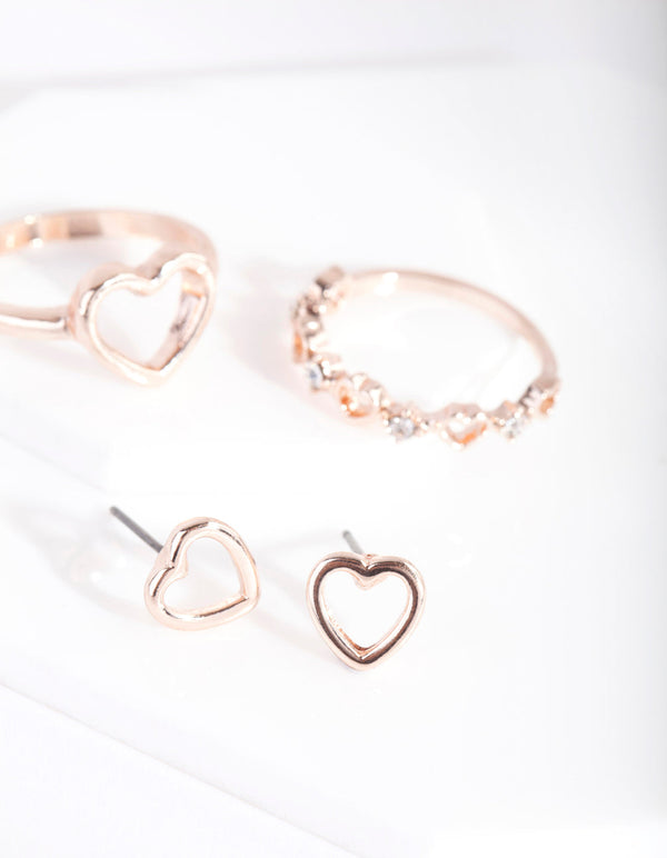 Rose Gold Multi Heart Earrings Ring Set