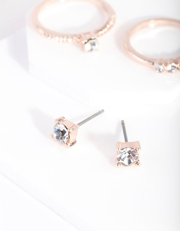 Rose Gold Diamante Etched Earrings Ring Set