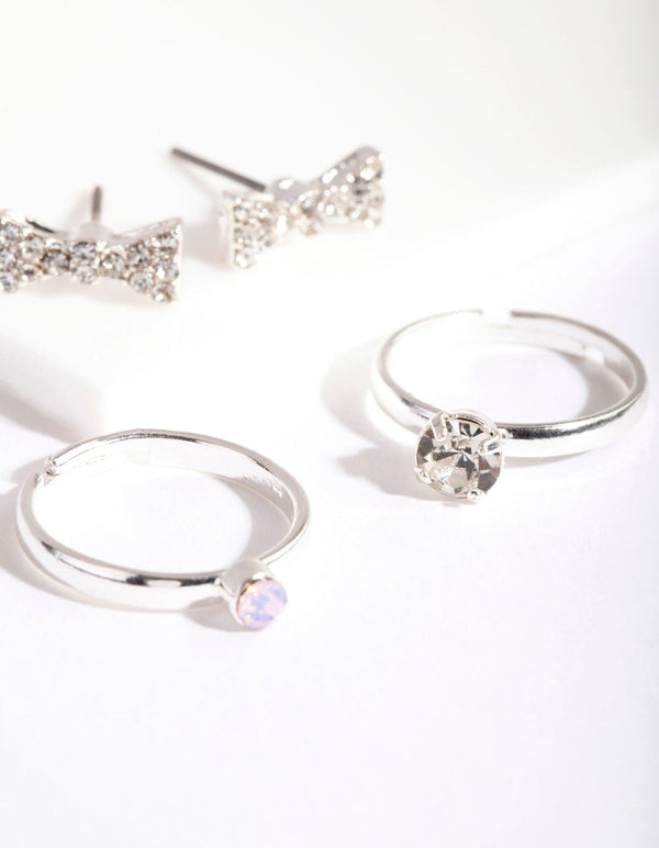 Silver Diamante Bow Earring Ring Pack