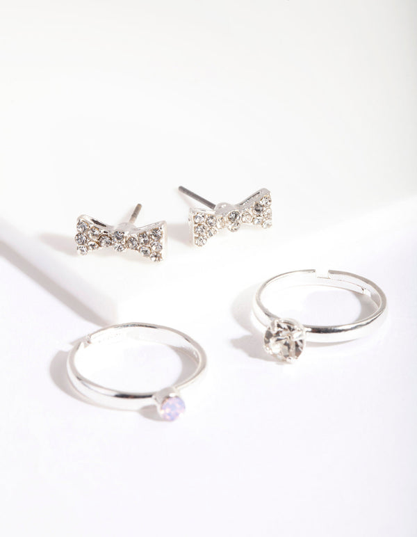 Silver Diamante Bow Earring Ring Pack