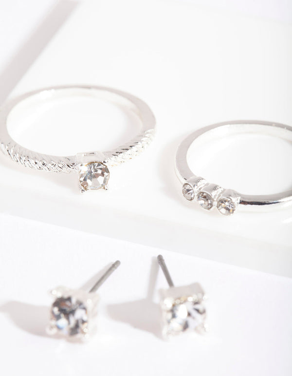 Silver Diamante Etched Earrings Ring Set
