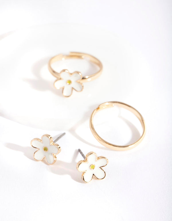 Gold Daisy Flower Earring Ring Pack