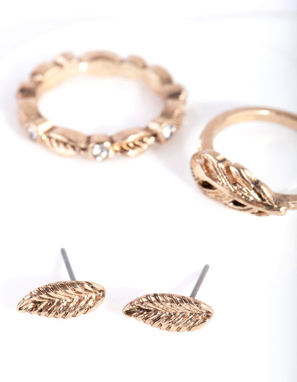 Antique Gold Textured Leaf Earring Ring Pack