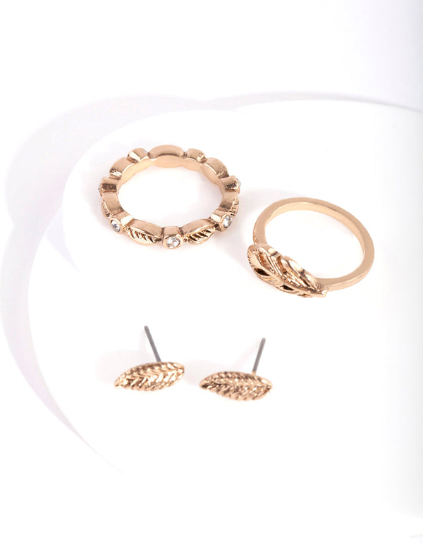 Antique Gold Textured Leaf Earring Ring Pack
