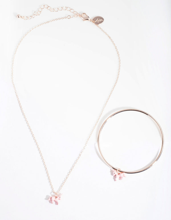Kids Rose Gold Pink Unicorn Charm Necklace Bangle Pack