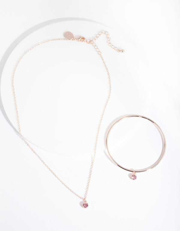 Kids Rose Gold Pink Diamante Charm Necklace Bangle Pack