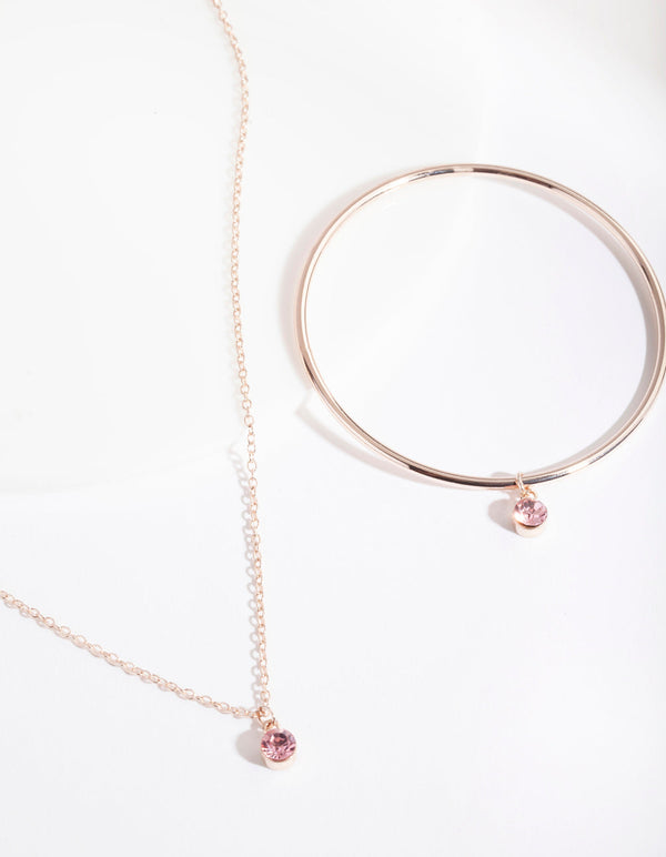 Kids Rose Gold Pink Diamante Charm Necklace Bangle Pack