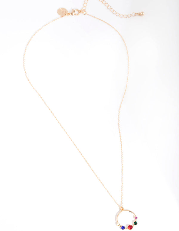Gold 5 Coloured Diamante Open Circle Necklace