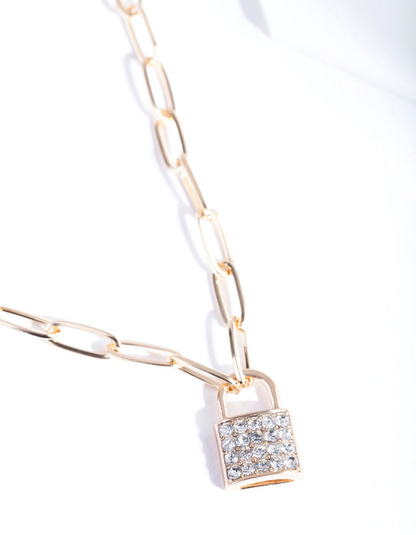Gold Oval Link Diamante Padlock Necklace
