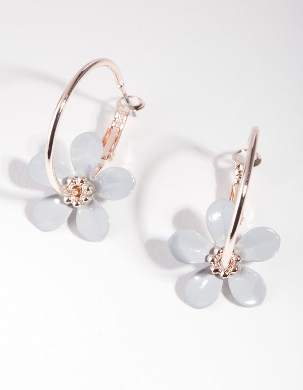 Rose Gold Grey Flower Hoop Earrings