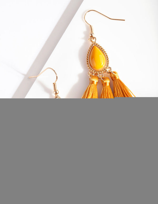 Yellow Triple Tassel Earrings