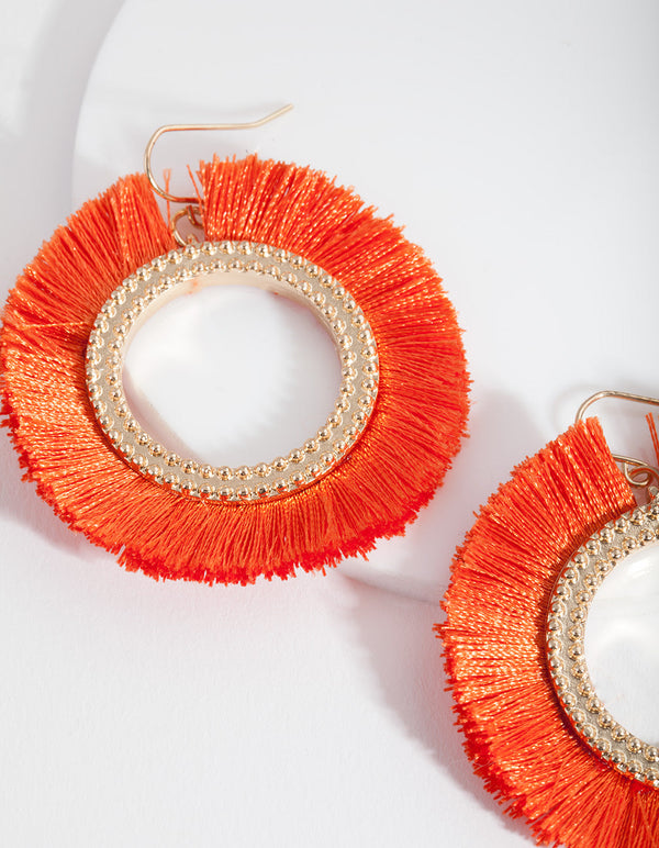 Orange Gold Tassel Circle Earrings