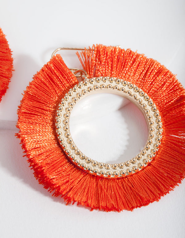 Orange Gold Tassel Circle Earrings