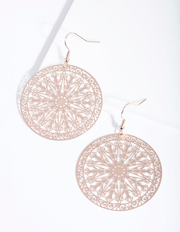 Rose Gold Large Filigree Disc Drop Earrings