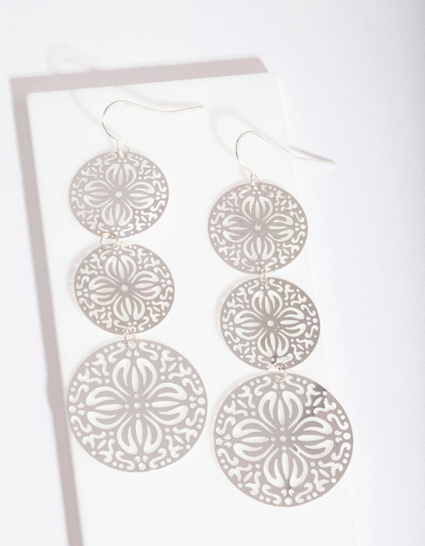 Silver Tri Disc Filigree Drop Earrings