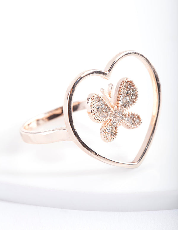 Rose Gold Open Heart Diamante Butterfly Ring
