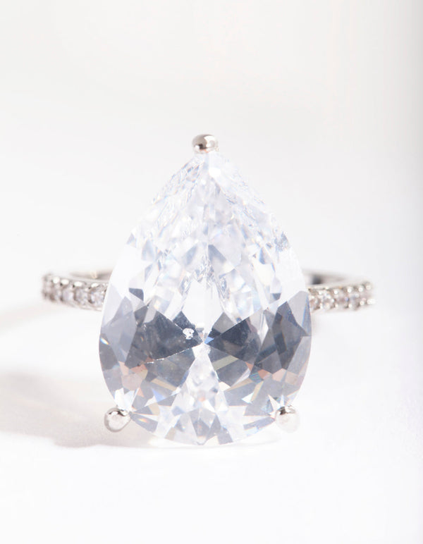 Rhodium Cubic Zirconia Large Pear Stone Ring