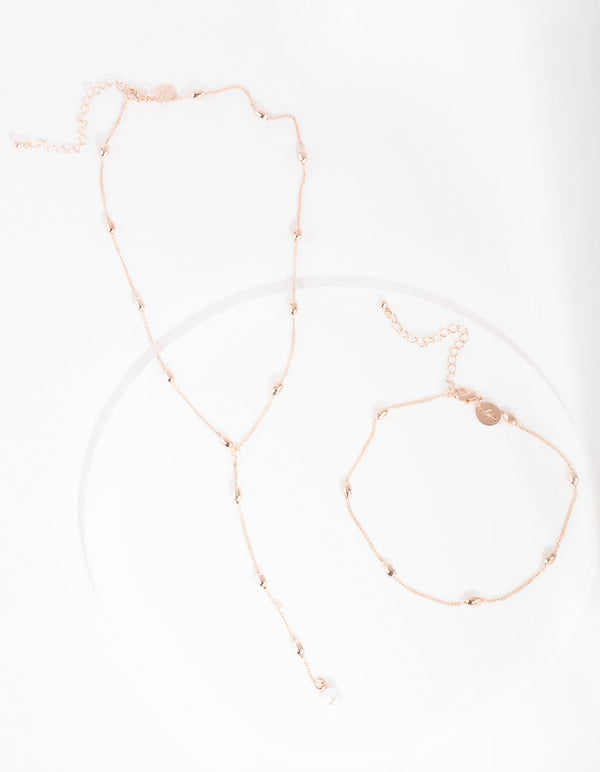 Zestaw naszyjnika typu choker z różowego złota i pereł w kształcie litery Y