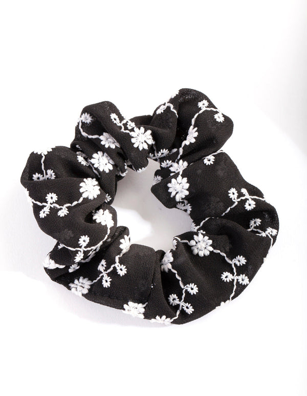 Black and White Embroidery Scrunchie