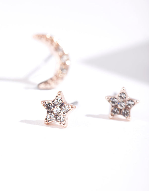 Zestaw 2 kolczyków z różowego złota z diamentami w kształcie księżyca i gwiazdy