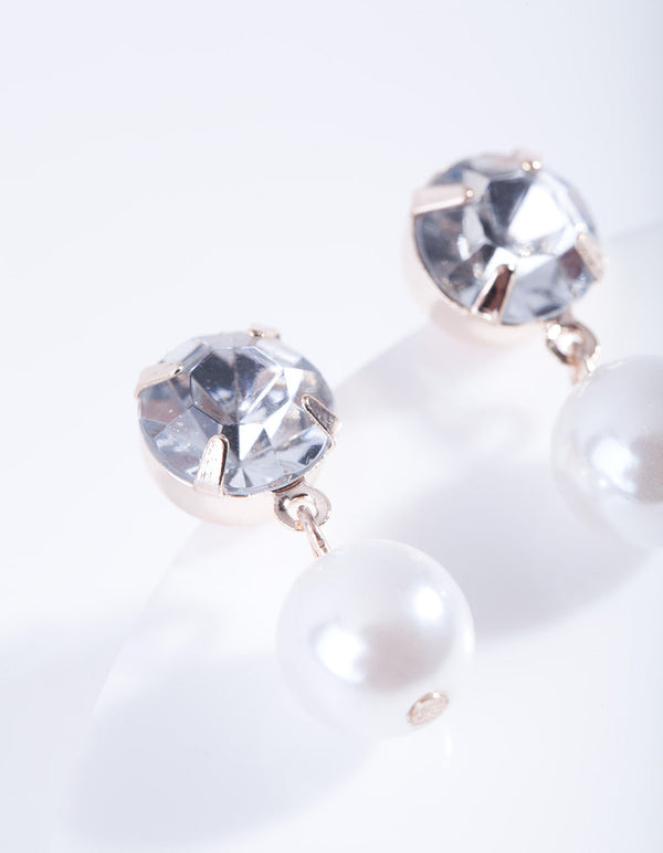 Rose Gold Round Diamante Pearl Drop Earrings