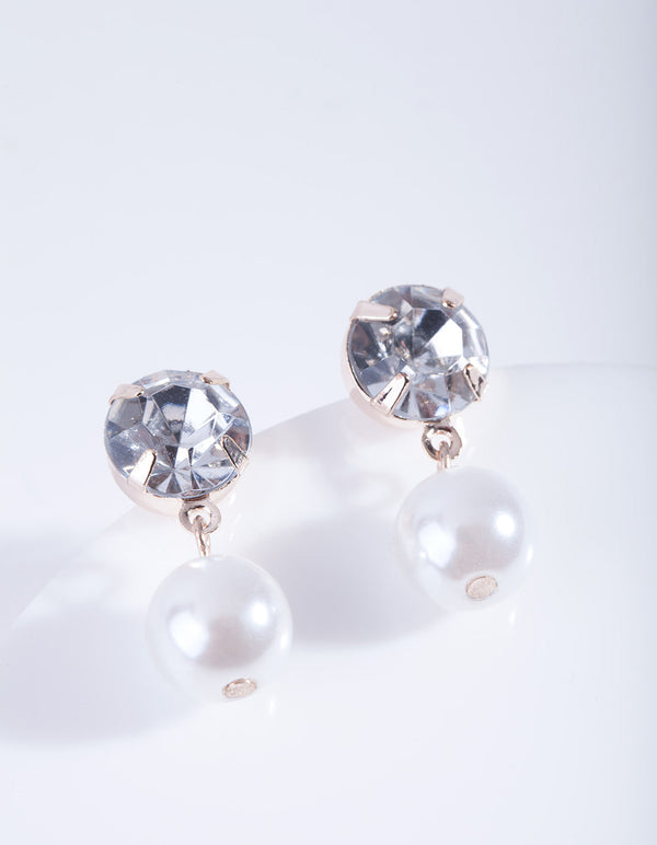 Rose Gold Round Diamante Pearl Drop Earrings