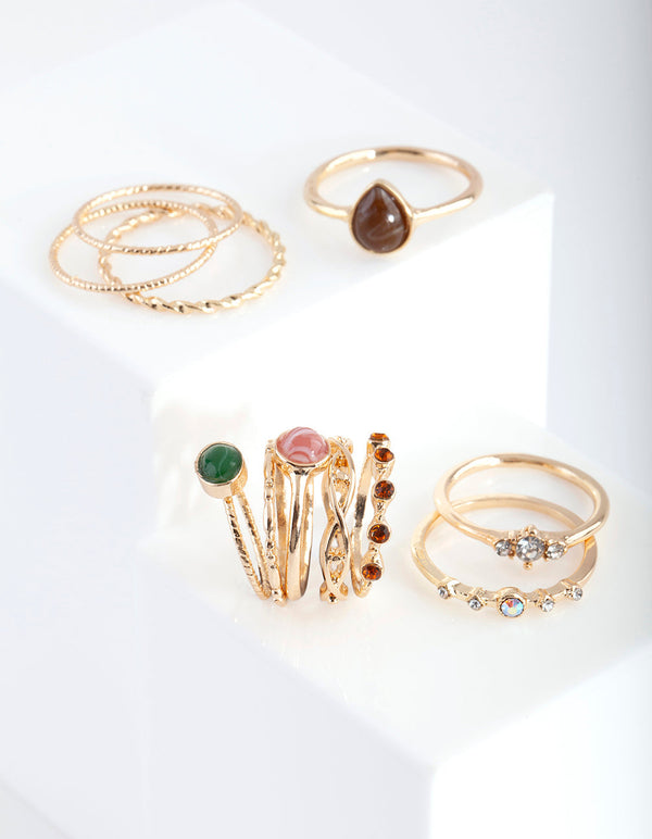 Gold Stone and Diamante Ring Stack 11 Pack