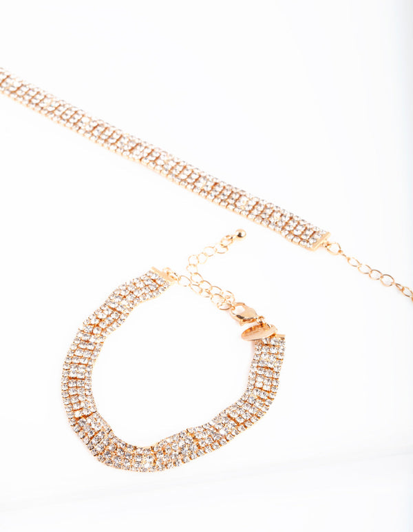 Zestaw złotych bransoletek choker z diamentami